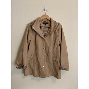 Dennis Basso Womens Size M Trench Coat Khaki Removable Hoodie Paisley Lined NWOT